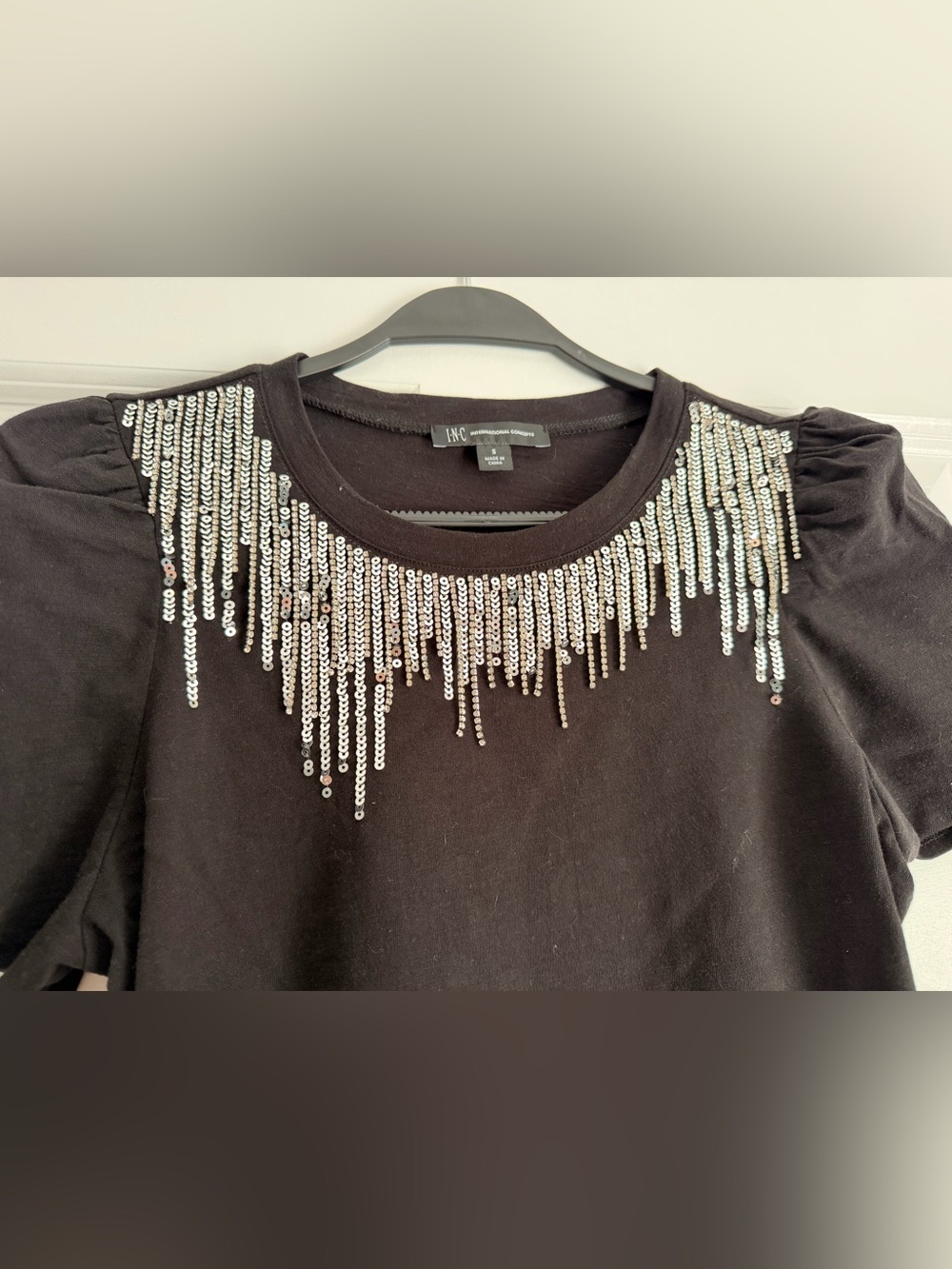 INC International Concepts Black Short-Sleeve Top with Silver Sequin Fringe